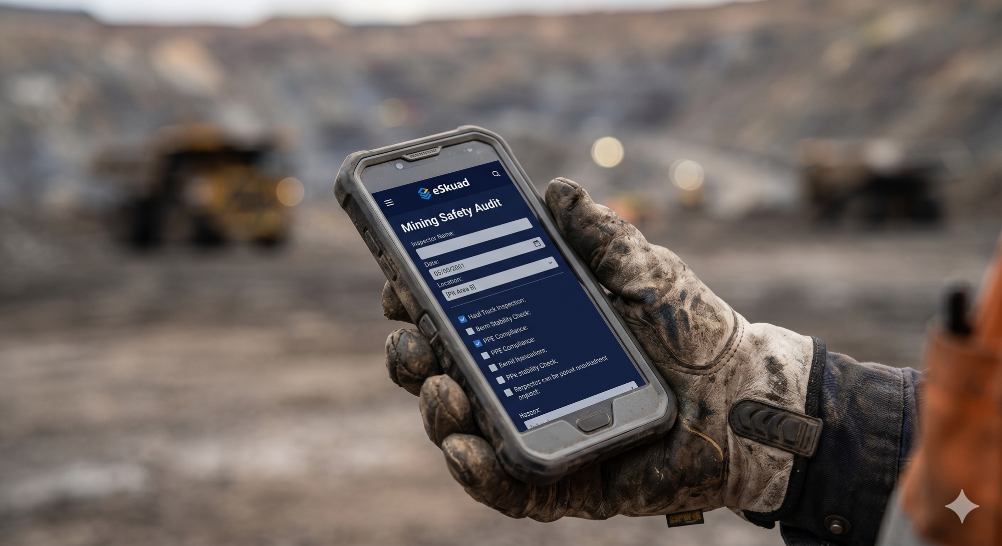 A close-up shot of a rugged, grease-stained work glove holding a ruggedized mobile device running the eSkuad app in dark mode, showing a 'Mining Safety Audit' form with the eSkuad logo against a blurred mining pit background.