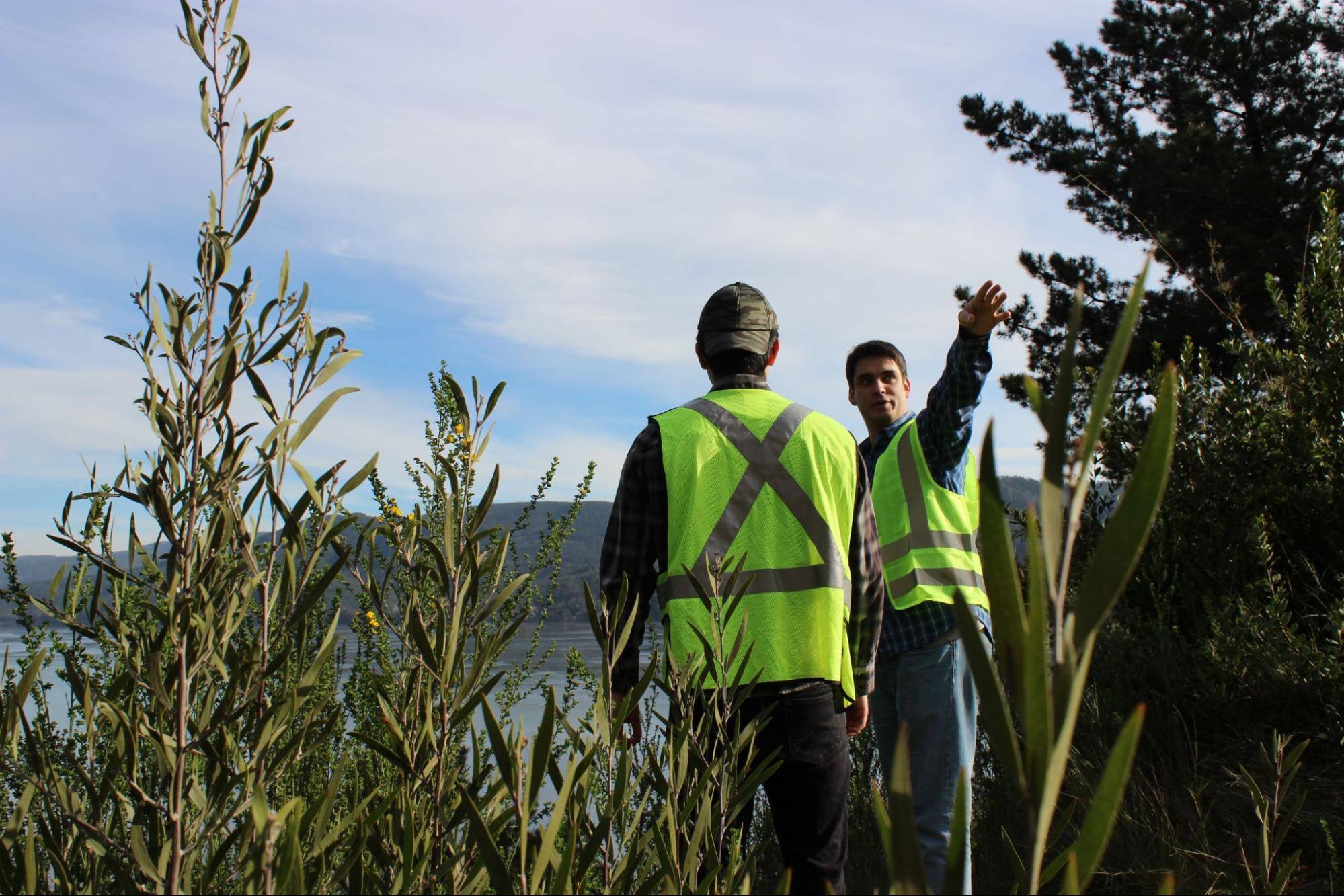 Two men in vests next to trees with water and mountains in the background.