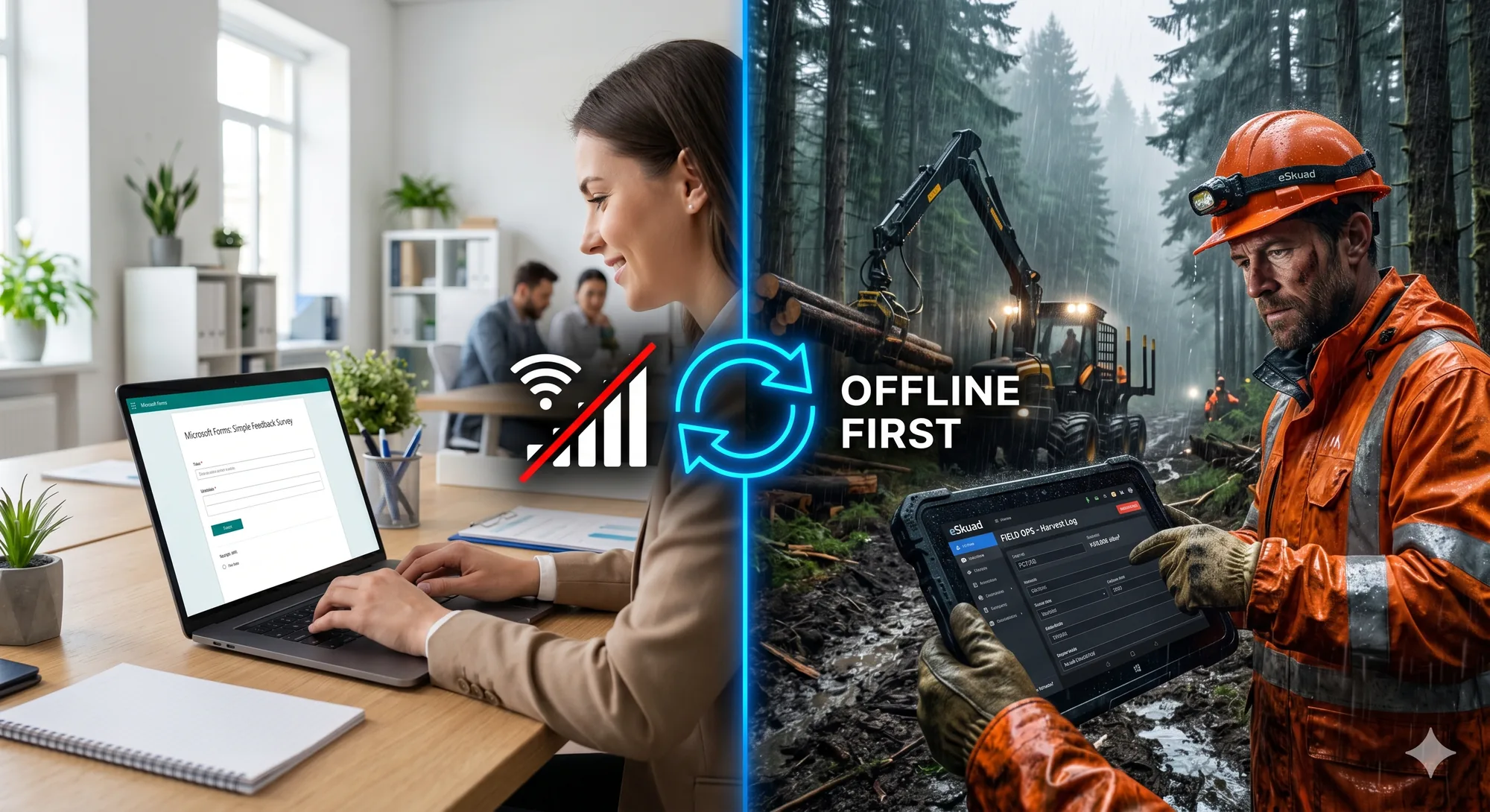 A split-screen comparison showing a clean office environment with Microsoft Forms on the left and a rugged, remote forestry site using eSkuad’s offline-first platform on the right.